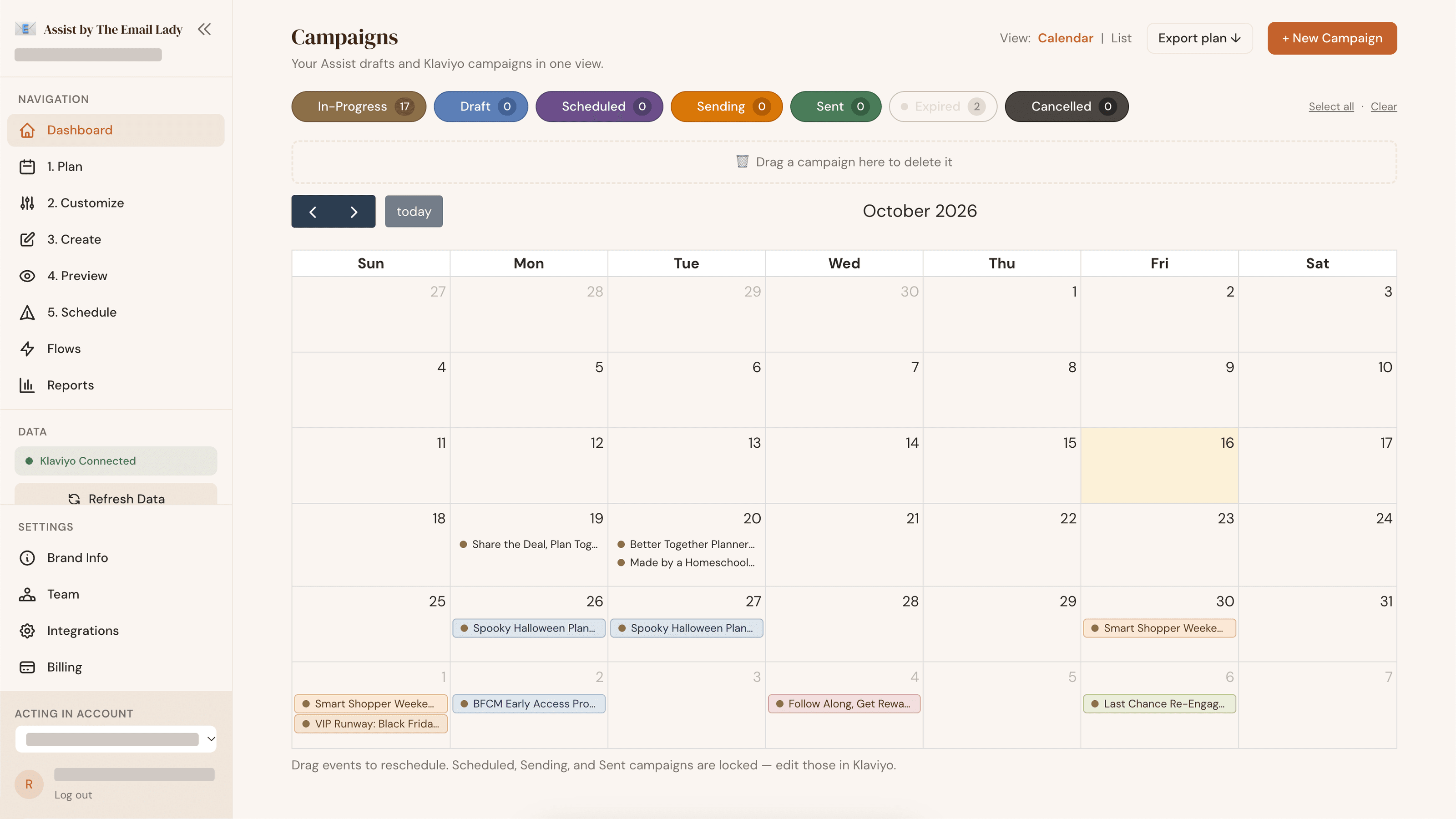 Assist campaign calendar for October showing drafted and scheduled email campaigns with status filters