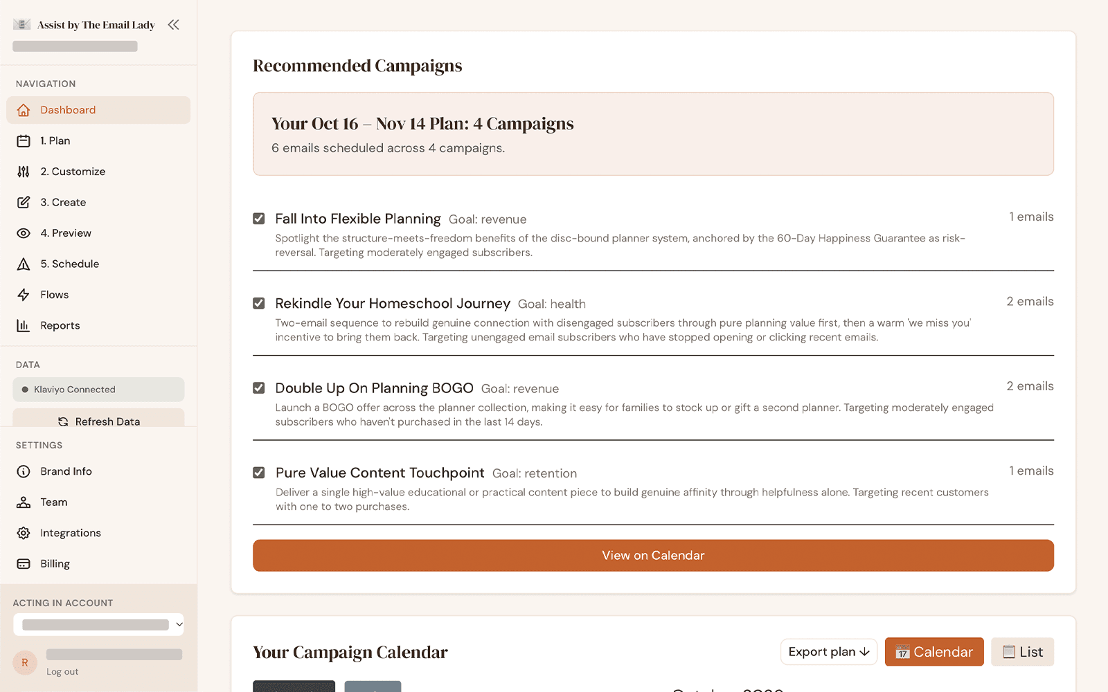 Assist plan view listing four recommended campaigns with goals and email counts for the coming month